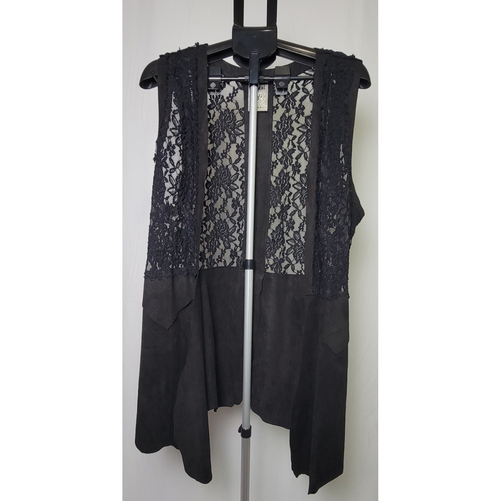 Vocal Black Floral Lace Faux Suede Open Front Draped Vest XL Biker Retro